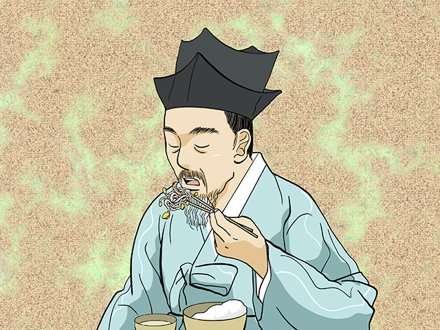 맹인인척 하기 위해 콩나물 속 벌레까지 먹는 모습