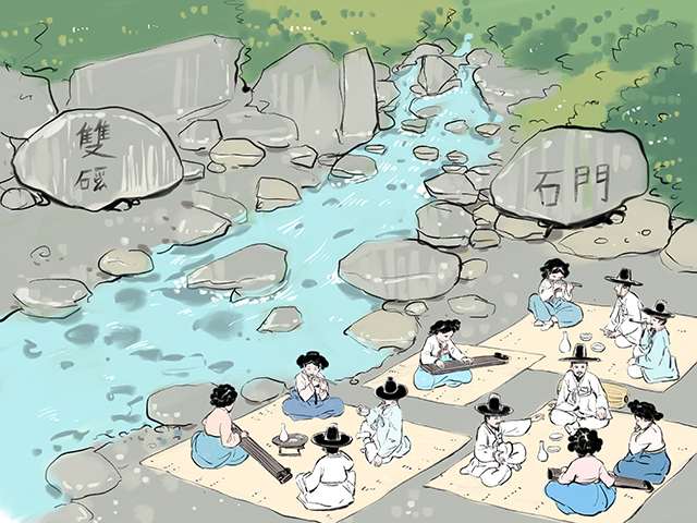 쌍계사 계곡에서 기생들과 풍류를 즐기는 양반