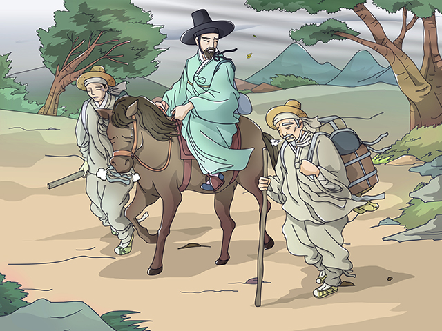 많은 짐으로 힘들어하는 노비