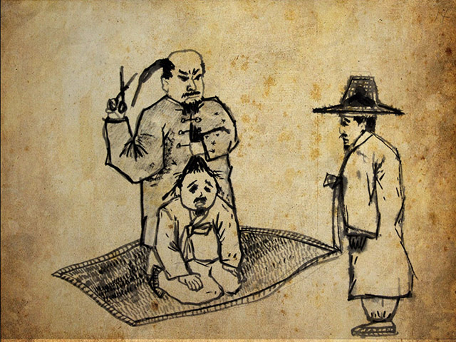 변발을 감행하는 모습과 지켜보는 벗