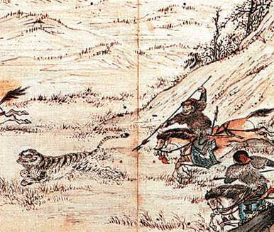 호랑이를 사냥하는 모습을 그린 조선 후기 화가 이인문(1745~1821)의 수렵도 